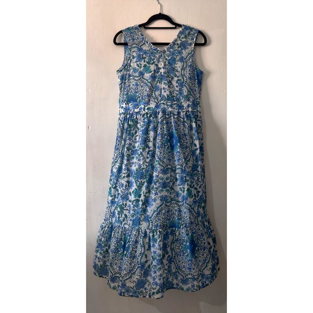 Johnny Was Willow Blue Floral Tank Midi Dress Size S Tiered Ruffle Pockets - Picture 3 of 8